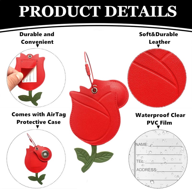 ZOUITY Cute Leather Luggage Tag Holder with Airtag Case Set,Hidden Compartment for AirTag Travel Suitcase Tracking Case with Stainless Steel Loop,Name ID Label(Red Rose) - Image 2